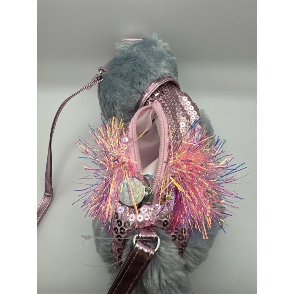 Poochie & Co Gray Plush Kitty Purse w/Strap Pink Sequined TuTu Collar & Tag Zip